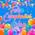 A vibrant animated GIF with 'Feliz Cumpleaños Aidan' written in colorful script, surrounded by balloons, confetti, and bunting on a bright blue background.