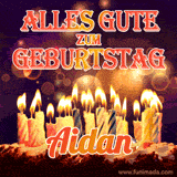 An animated GIF featuring 'Alles Gute Zum Geburtstag Aidan' in glowing red and gold letters above a cake with colorful lit candles, set against a festive sparkling background.