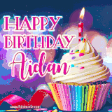 A festive animated GIF featuring a colorful cupcake with a single lit candle, sprinkles, and 'Happy Birthday Aidan' text against a sparkling, celebratory background.