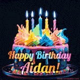 A vibrant animated GIF featuring a colorful rotating birthday cake with bright frosting swirls, glowing candles, and the text 'Happy Birthday Aidan!' in rainbow colors.