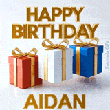 Three animated presents with golden ribbons continuously jumping in the air below a shiny 3D Happy Birthday Aidan greeting