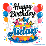 An animated graphic showing a cake decorated with little flowers and topped with butterflies, personalized for Aidan.