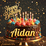 Sparkly birthday GIF of a chocolate frosted cake with burning candles on top and the name Aidan in elegant writing.