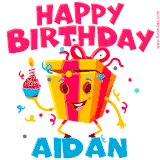 A funny animated birthday GIF with the words 'Happy Birthday Aidana', colorful gift box with arms and legs, holding a cupcake with a lit candle  with confetti everywhere.
