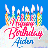 A cheerful animated GIF featuring colorful lit birthday candles on a white cake, with the text 'Happy Birthday Aiden' in bold red and blue script on a bright blue background.