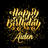 Animated GIF with colorful, festive 'Happy Birthday Aiden' text decorated with patterns, a party hat, and falling confetti. A vibrant and cheerful design for birthday celebrations.