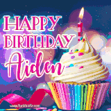 A festive animated GIF featuring a colorful cupcake with a single lit candle, sprinkles, and 'Happy Birthday Aiden' text against a sparkling, celebratory background.
