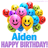 An animated birthday-themed name GIF with colorful smiling balloons and bold 'Aiden, Happy Birthday!' text for a celebratory touch.