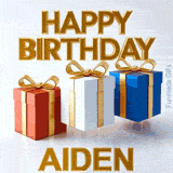 Bright and fun Happy Birthday Aiden GIF featuring three lively jumping gift boxes tied with shiny golden bows on a light background
