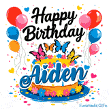 Cheerful animated birthday greeting with a custom nameplate for Aiden, featuring balloons, hearts, and butterflies.