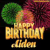 A captivating GIF with bursts of green, pink, and orange fireworks lighting up the night sky, accompanied by 'Happy Birthday Aiden' in glowing golden text.