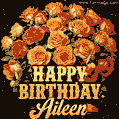 Beautiful bouquet of orange and red roses for Aileen, golden inscription and twinkling stars