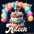 Hand-drawn happy birthday cake adorned with an arch of colorful balloons - name GIF for Aileen