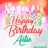 Bright birthday candles with rainbow flames on a cake, alongside the text 'Happy Birthday Ailie' in vibrant script in this celebratory animated GIF.