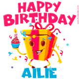 A vibrant and funny gift box character with a happy face dancing with a cupcake and the text 'Happy Birthday Ailie,' surrounded by animated confetti and party vibes.