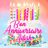 A white birthday cake covered in colorful sprinkles, topped with bright candles, and French text 'Bon Anniversaire Ailish' on a pastel gradient background in an animated GIF.