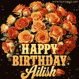 Animated bouquet of orange roses with moving butterfles and golden 'Happy Birthday Ailish' text, surrounded by sparkling accents and a dark backdrop for a luxurious feel.