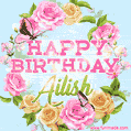 A charming animated GIF featuring 'Happy Birthday Ailish' in pink and green text, surrounded by delicate roses, leaves, and fluttering butterflies on a soft light blue pastel background.