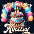 Hand-drawn happy birthday cake adorned with an arch of colorful balloons - name GIF for Ainsley