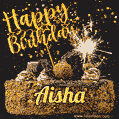 Celebrate Aisha's birthday with a GIF featuring chocolate cake, a lit sparkler, and golden stars
