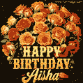 Beautiful bouquet of orange and red roses for Aisha, golden inscription and twinkling stars