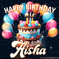 Hand-drawn happy birthday cake adorned with an arch of colorful balloons - name GIF for Aisha