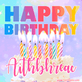 A vibrant animated name GIF with the words 'Happy Birthday Aithbhreac' with colorful candles on a creamy cake. The background sparkles with pastel shades, adding a festive touch.
