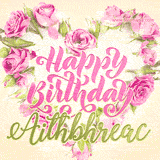A stunning heart made of pink roses surrounds the elegant script text 'Happy Birthday Aithbhreac' on a soft beige background. Animated sparkles add a magical and festive feel.