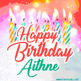 Bright birthday candles with rainbow flames on a cake, alongside the text 'Happy Birthday Aithne' in vibrant script in this celebratory animated GIF.
