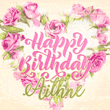 A stunning heart made of pink roses surrounds the elegant script text 'Happy Birthday Aithne' on a soft beige background. Animated sparkles add a magical and festive feel.