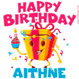 A vibrant and funny gift box character with a happy face dancing with a cupcake and the text 'Happy Birthday Aithne,' surrounded by animated confetti and party vibes.