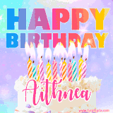 A vibrant animated name GIF with the words 'Happy Birthday Aithnea' with colorful candles on a creamy cake. The background sparkles with pastel shades, adding a festive touch.