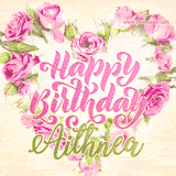 A stunning heart made of pink roses surrounds the elegant script text 'Happy Birthday Aithnea' on a soft beige background. Animated sparkles add a magical and festive feel.