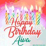 Bright birthday candles with rainbow flames on a cake, alongside the text 'Happy Birthday Aiva' in vibrant script in this celebratory animated GIF.