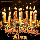 A glowing personalized birthday GIF with name Aiva featuring lit candles with intricate designs, warm lighting, and the text 'Happy Birthday' in an elegant font.