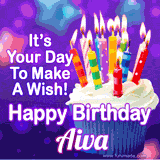 A colorful birthday GIF for Aiva featuring a cupcake with vibrant lit candles and the text 'It's Your Day to Make a Wish! Happy Birthday Aiva' in bold letters on a festive purple background.