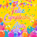 A bright and festive GIF with the text 'Feliz Cumpleaños Aiva' in Spanish in colorful fonts, surrounded by confetti, balloons, and festive banners on a vibrant yellow background.