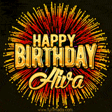 Golden 'Happy Birthday Aiva' text accompanied by animated rainbow fireworks for a festive animated greeting.