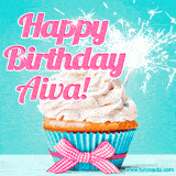 A festive cupcake with pink icing, a gingham bow, and a lit animated sparkler, paired with 'Happy Birthday Aiva!' in bright pink text.