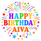 Happy Birthday Aiva' GIF with rainbow-colored letters, colorful stars, and fireworks on white background.