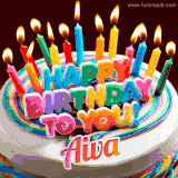 A colorful birthday cake topped with lit candles, with the words 'Happy Birthday Aiva' in bold glowing letters on a burgundy background. Animated flames add a festive touch.