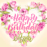 A stunning heart made of pink roses surrounds the elegant script text 'Happy Birthday Aiva' on a soft beige background. Animated sparkles add a magical and festive feel.