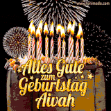 A chocolate birthday cake with glowing candles, the German text 'Alles Gute zum Geburtstag Aivah,' and vibrant fireworks lighting up the background in an animated GIF.