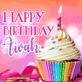 A vibrant birthday GIF featuring a rainbow-colored cupcake topped with white frosting, sprinkles, and a lit candle. The text reads 'Happy Birthday Aivah' in bold pink and violet letters with white outline.