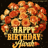 Animated bouquet of orange roses with moving butterfles and golden 'Happy Birthday Aivah' text, surrounded by sparkling accents and a dark backdrop for a luxurious feel.