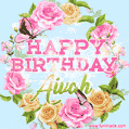 A charming animated GIF featuring 'Happy Birthday Aivah' in pink and green text, surrounded by delicate roses, leaves, and fluttering butterflies on a soft light blue pastel background.