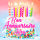 A white birthday cake covered in colorful sprinkles, topped with bright candles, and French text 'Bon Anniversaire Aixa' on a pastel gradient background in an animated GIF.