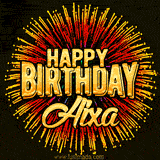 Golden 'Happy Birthday Aixa' text accompanied by animated rainbow fireworks for a festive animated greeting.