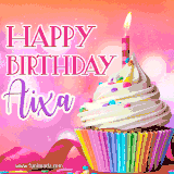 A vibrant birthday GIF featuring a rainbow-colored cupcake topped with white frosting, sprinkles, and a lit candle. The text reads 'Happy Birthday Aixa' in bold pink and violet letters with white outline.