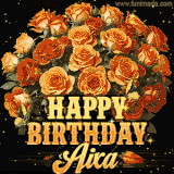 Animated bouquet of orange roses with moving butterfles and golden 'Happy Birthday Aixa' text, surrounded by sparkling accents and a dark backdrop for a luxurious feel.